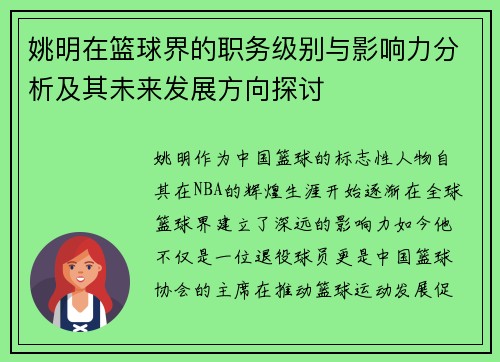 姚明在篮球界的职务级别与影响力分析及其未来发展方向探讨